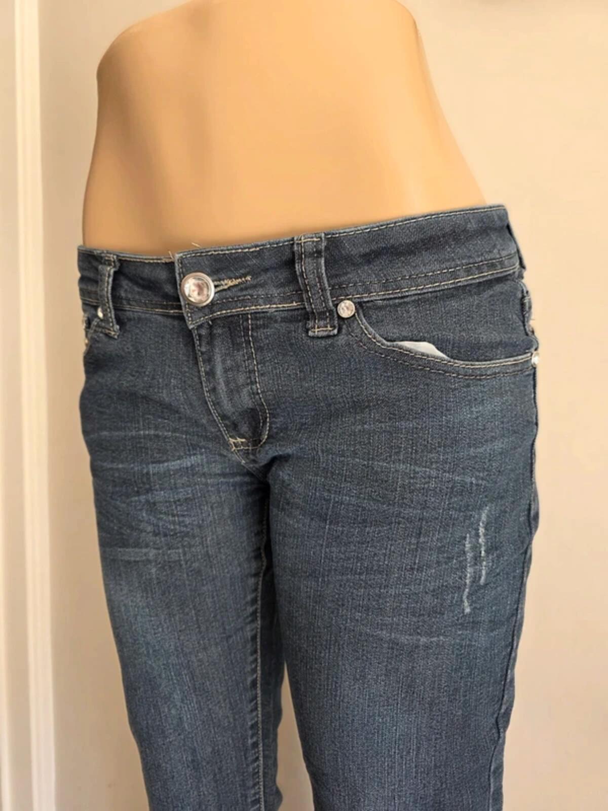 Vintage Y2K BB Couture Ultra Low Rise Skinny Bling Jeans UK Size 12
