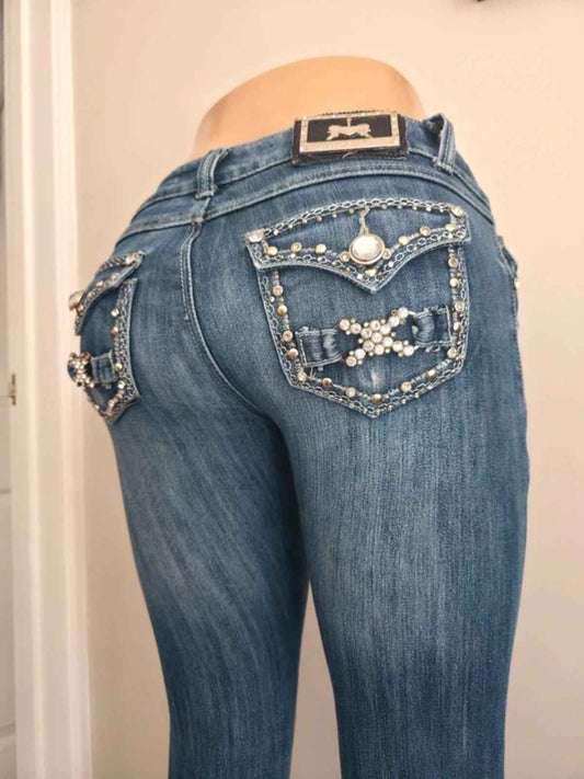 Rock & Love Ultra Low Rise Skinny Vintage Y2K Bling Jeans UK Size 4