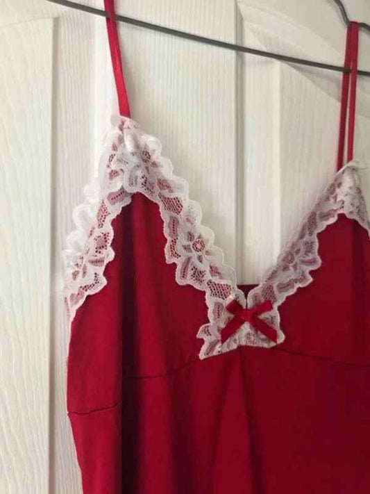 Vintage Y2K Red Lace Trim Slip Dress UK Size 12–14