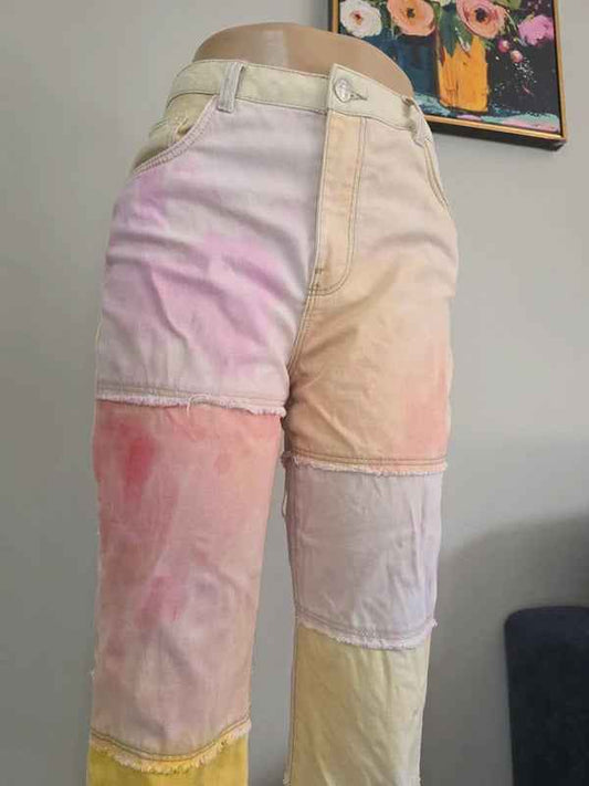 Bershka High Rise Patchwork Wide Leg Jeans UK Size 8 Petite