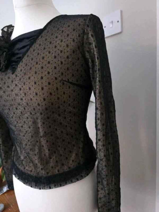 Vintage Y2K Collection Black Sheer Polka Dot Mesh Top UK Size 8