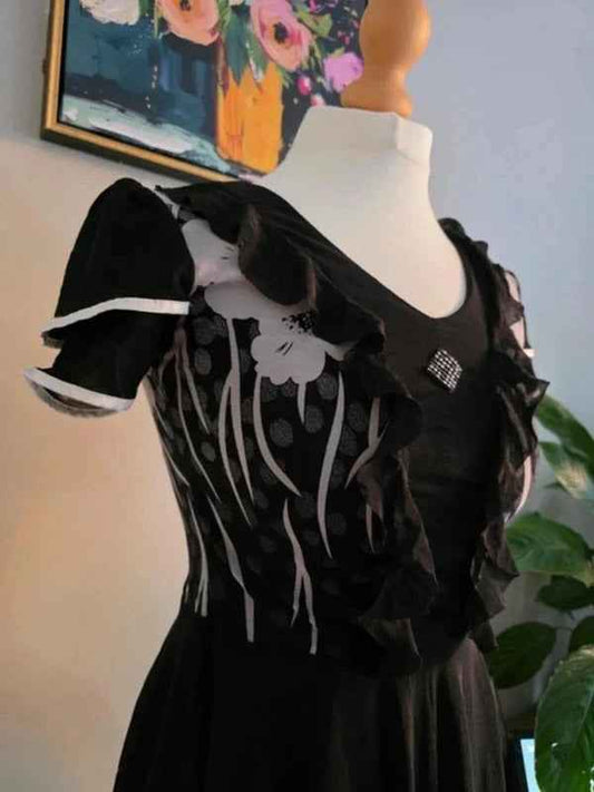 Vintage Y2K Black Floral Ruffle Midi Dress UK Size 10/12