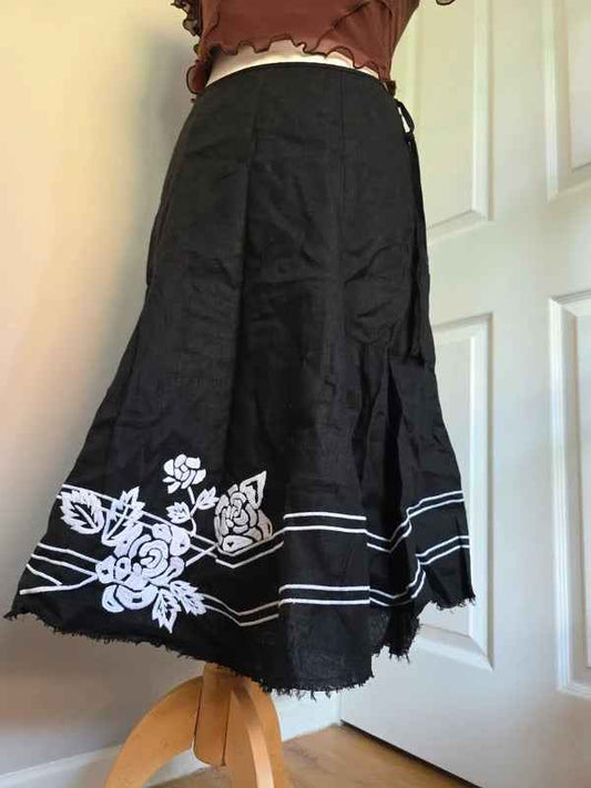 Nine West Black Linen Embroidered Midi Skirt UK Size 8