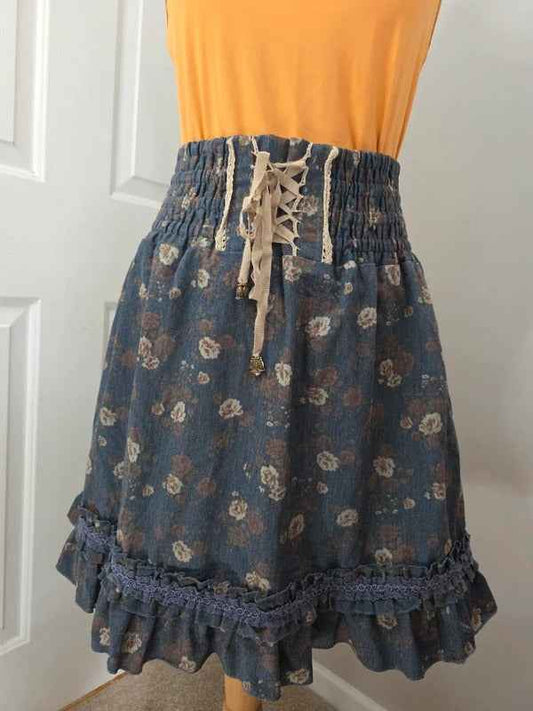 Japanese Vintage Y2K Floral Lace Up Ruffle Skirt UK Size 10/12