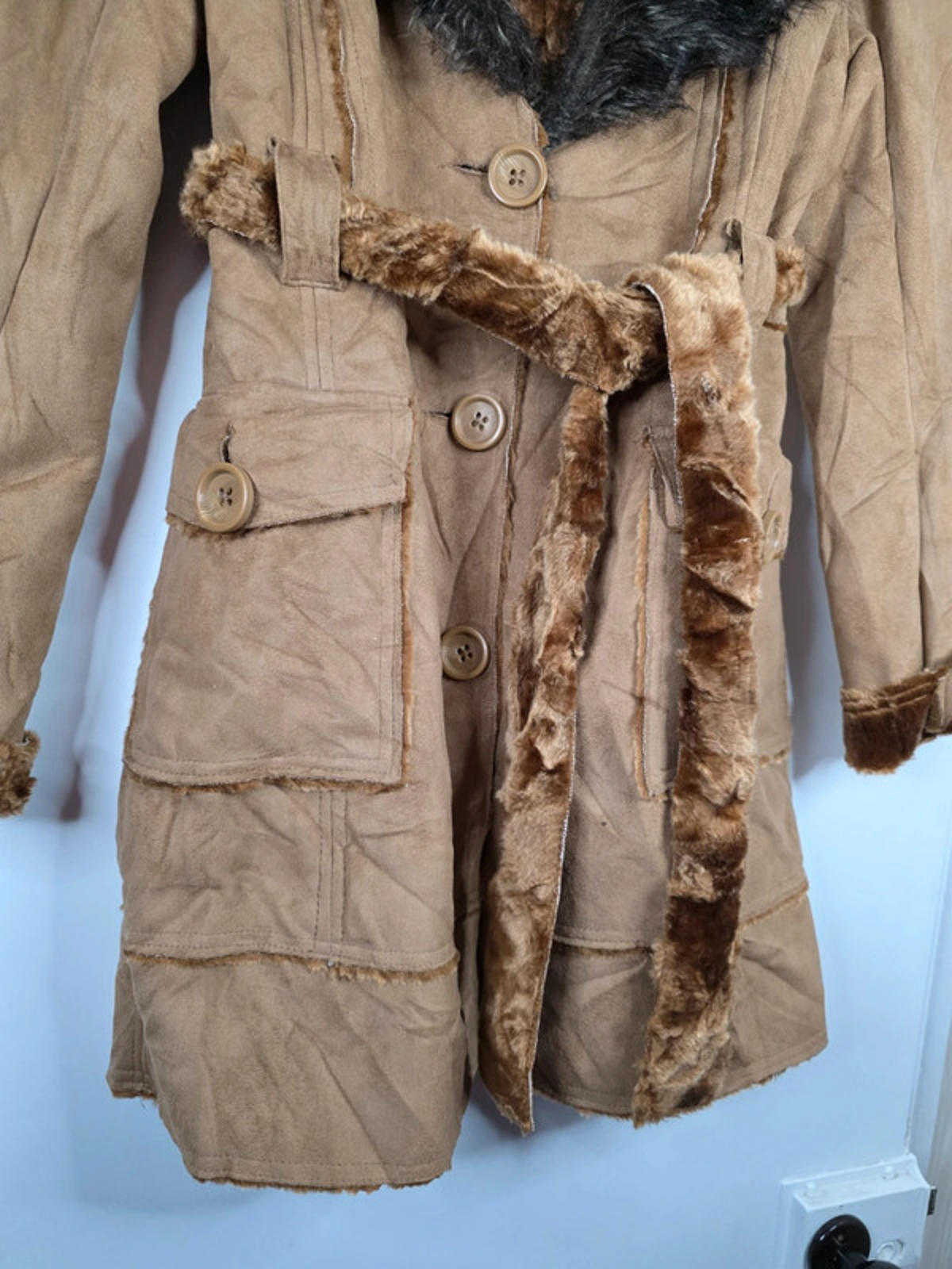 Vintage Y2K Seduction Faux Suede Belted Coat with Faux Fur Collar UK size 8