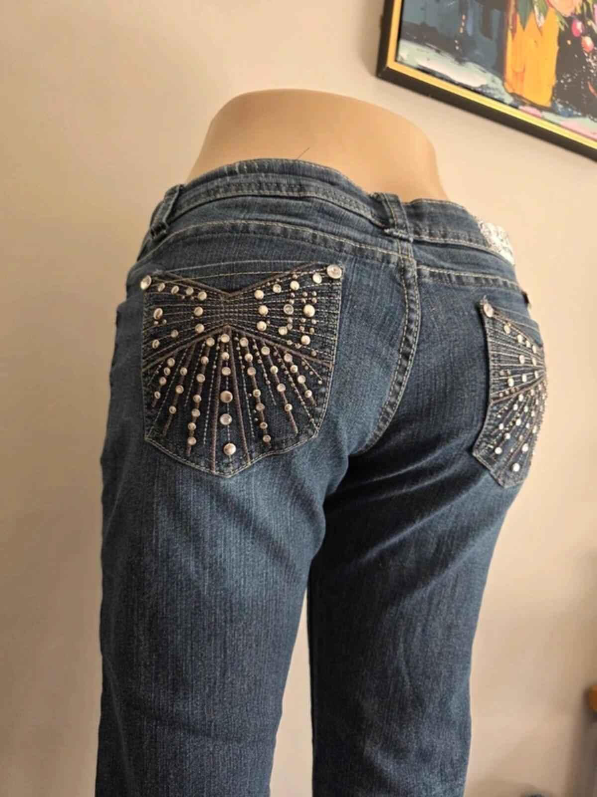 Vintage Y2K BB Couture Ultra Low Rise Skinny Bling Jeans UK Size 12