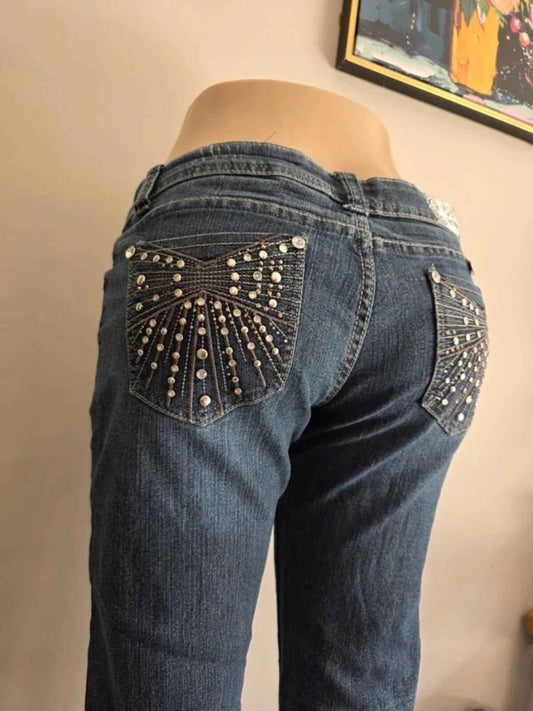 Vintage Y2K BB Couture Ultra Low Rise Skinny Bling Jeans UK Size 12