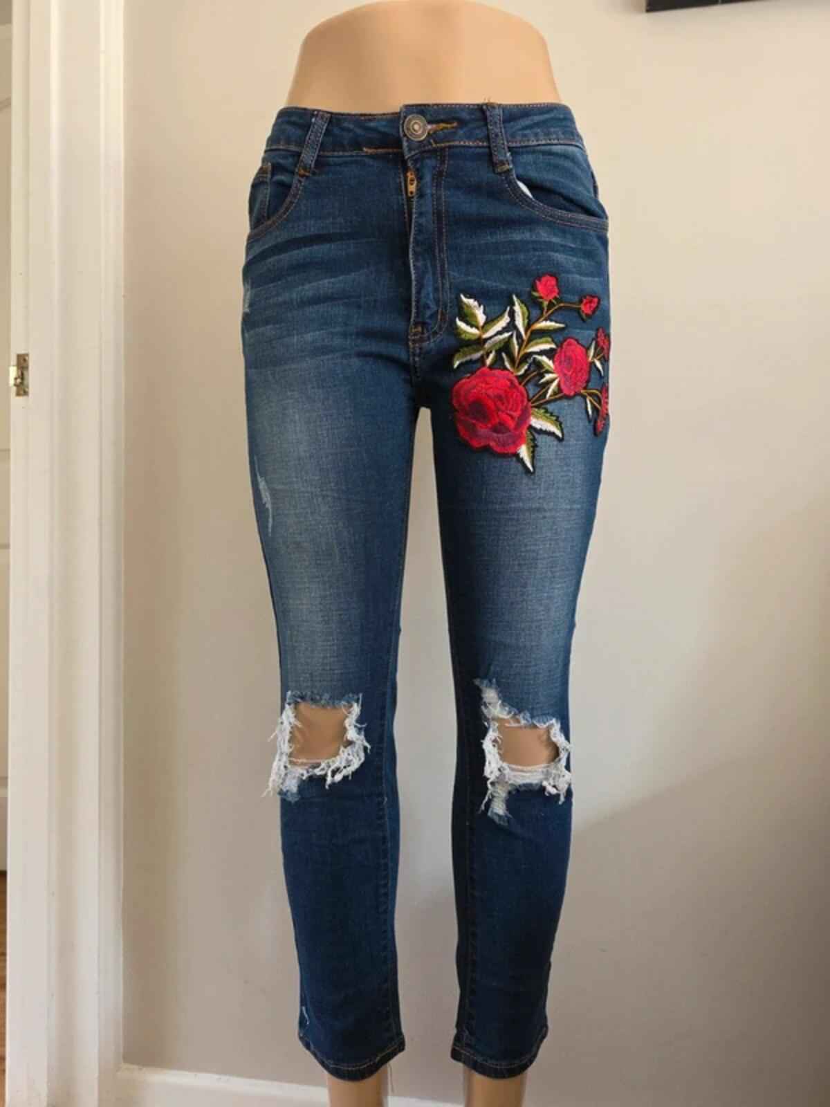 Machine Mid Rise Skinny Vintage Y2K Ripped Embroidered Jeans UK Size 10