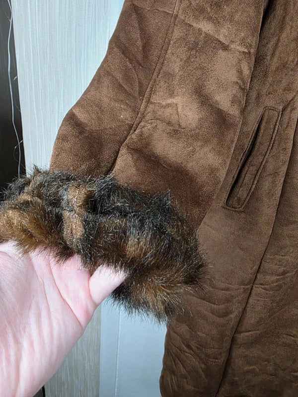 Vintage Y2K Faux Suede Longline Coat with Faux Fur Collar UK size 16/18