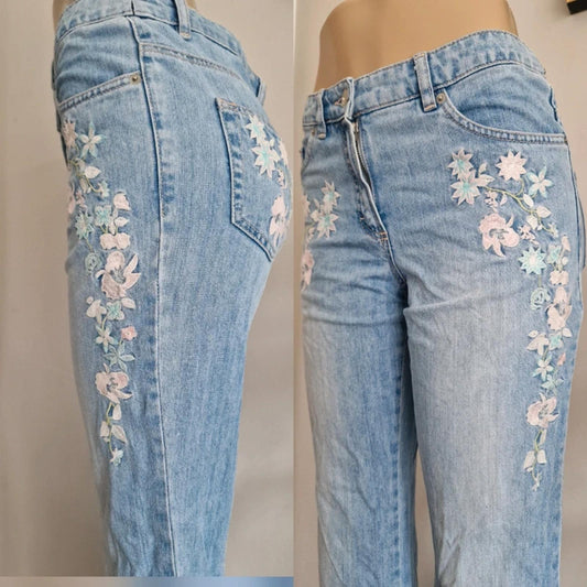 "Heine" Y2K embroidered floral bootcut jeans mid rise festival grunge denim UK 12