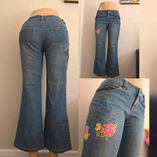 Moss Club Low Rise Embroidered Vintage Y2K Jeans UK Size 8
