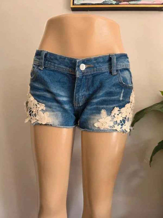 Vintage Y2K Low Rise Denim Lace Shorts UK Size 12/14