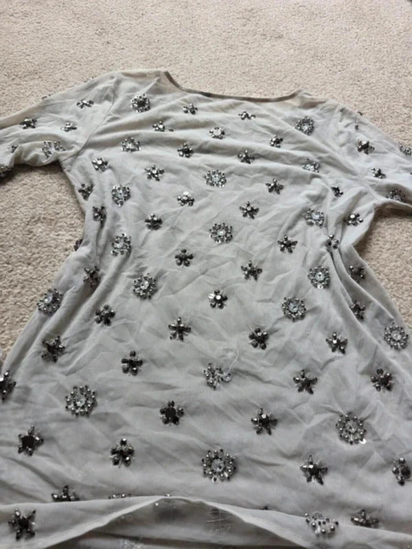 Vintage Y2K Sheer Embellished Mesh Top Long Sleeve UK Size 10