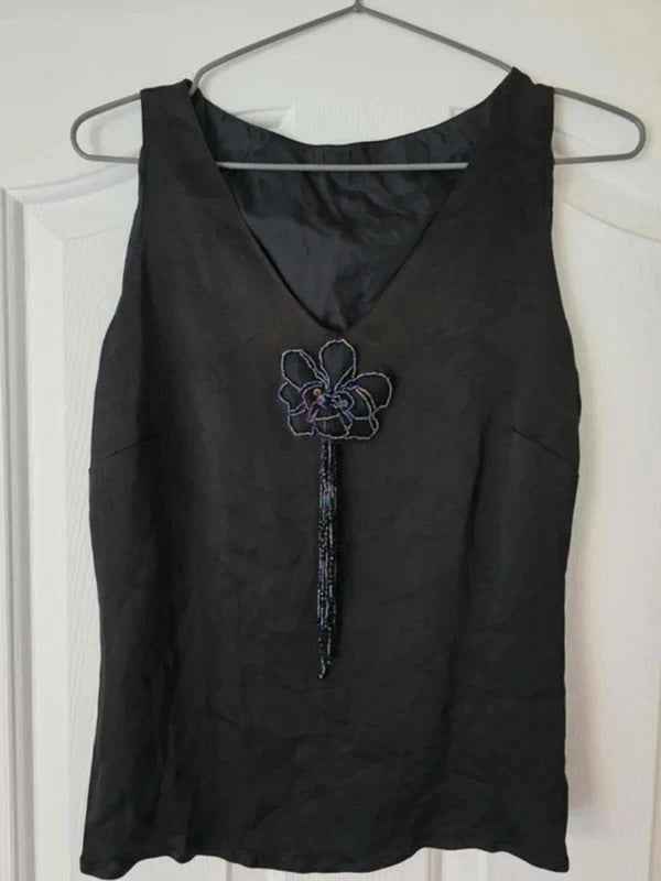 Vintage Y2K GVB Black Beaded Flower Vest Top UK Size 14
