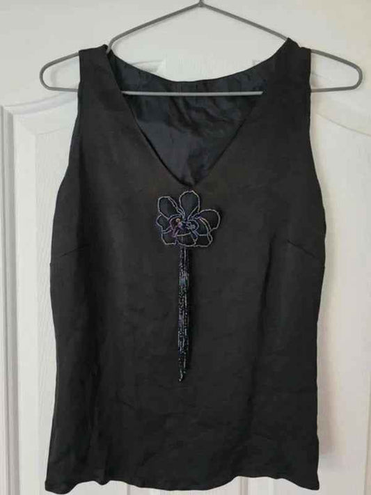 Vintage Y2K GVB Black Beaded Flower Vest Top UK Size 14