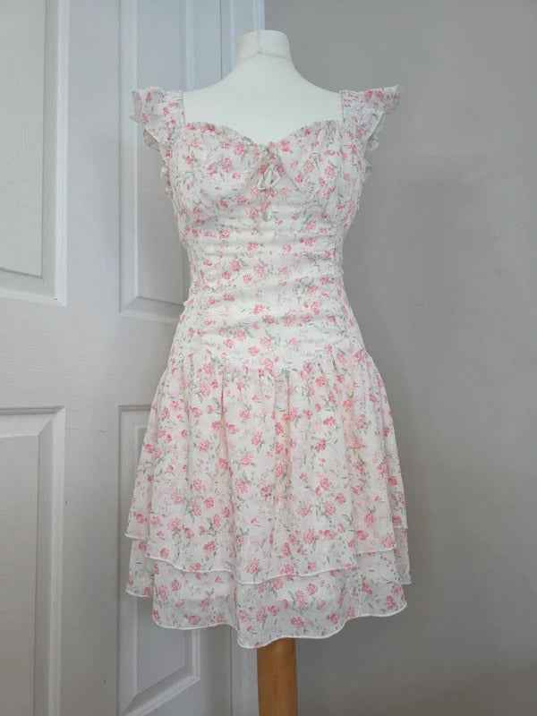 Quiz Pink Floral Ruffle Mini Dress UK Size 12-14