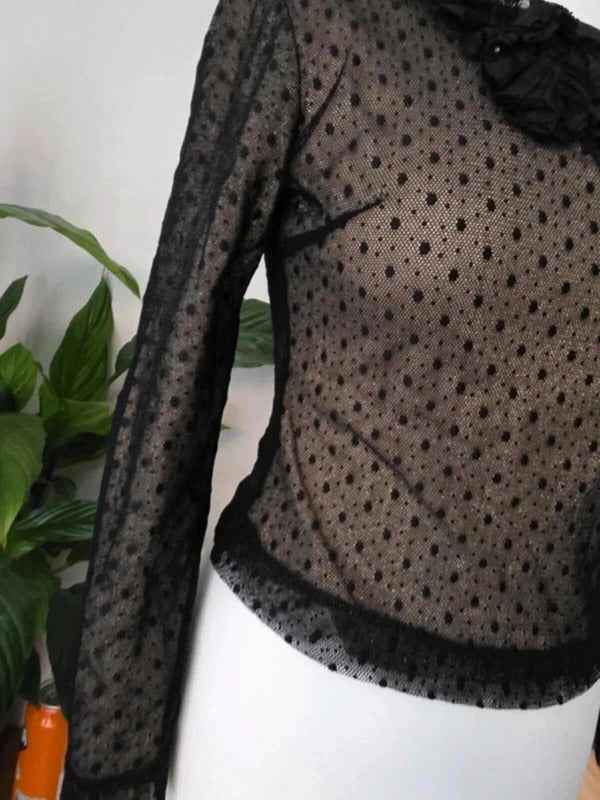 Vintage Y2K Collection Black Sheer Polka Dot Mesh Top UK Size 8