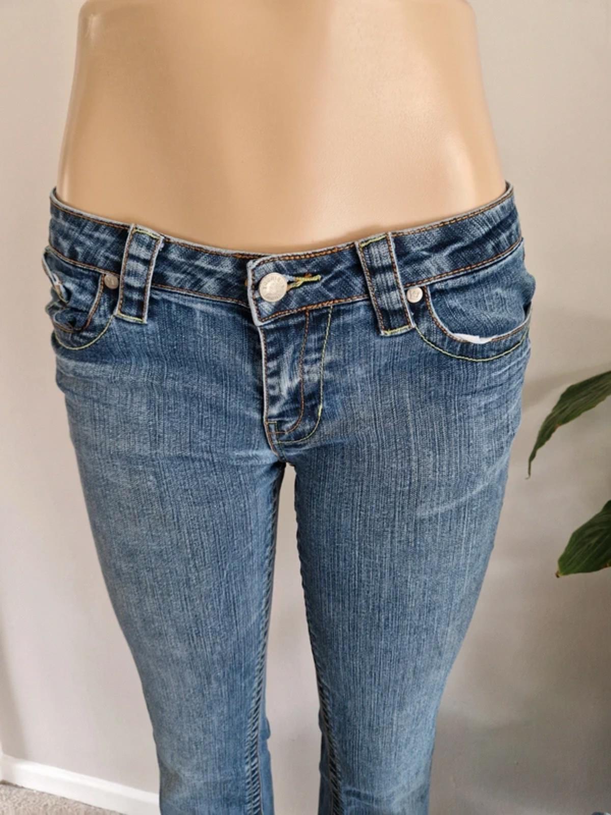 Y2K "Younique Jeans" Ultra Low Rise Bootcut Indie Grunge Festival Denim UK 8 Petite