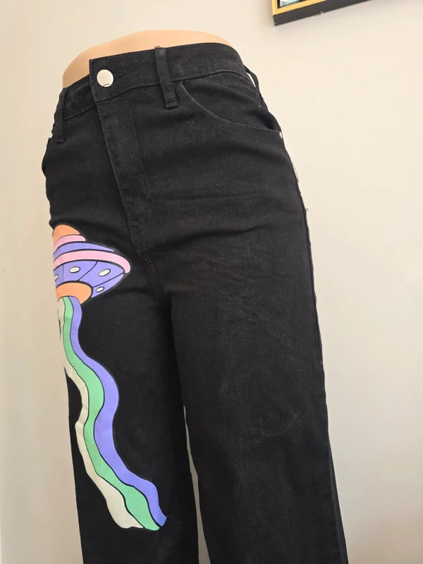 Machine Wide Leg Black Printed Jeans UK Size 8 Tall