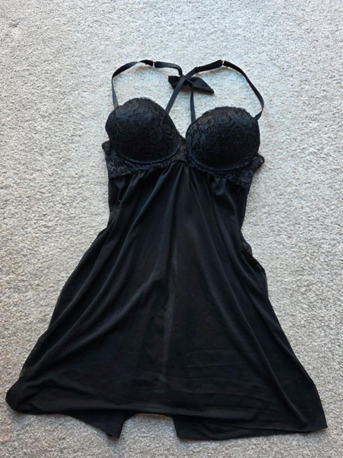 Vintage Y2K Black Lace Satin Babydoll Slip Dress Low Rise UK Size 8