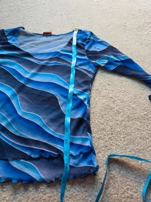 Vintage Y2K Blue Sheer Mesh Flare Sleeve Top UK Size 6/8