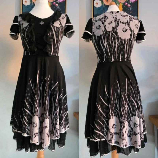 Vintage Y2K Black Floral Ruffle Midi Dress UK Size 10/12