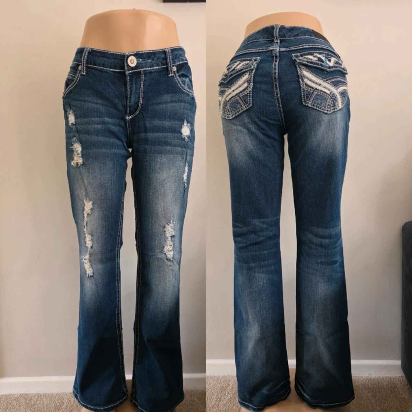 Vintage Y2K Twenty One Black Mid Rise Bootcut Distressed Jeans UK Size 14