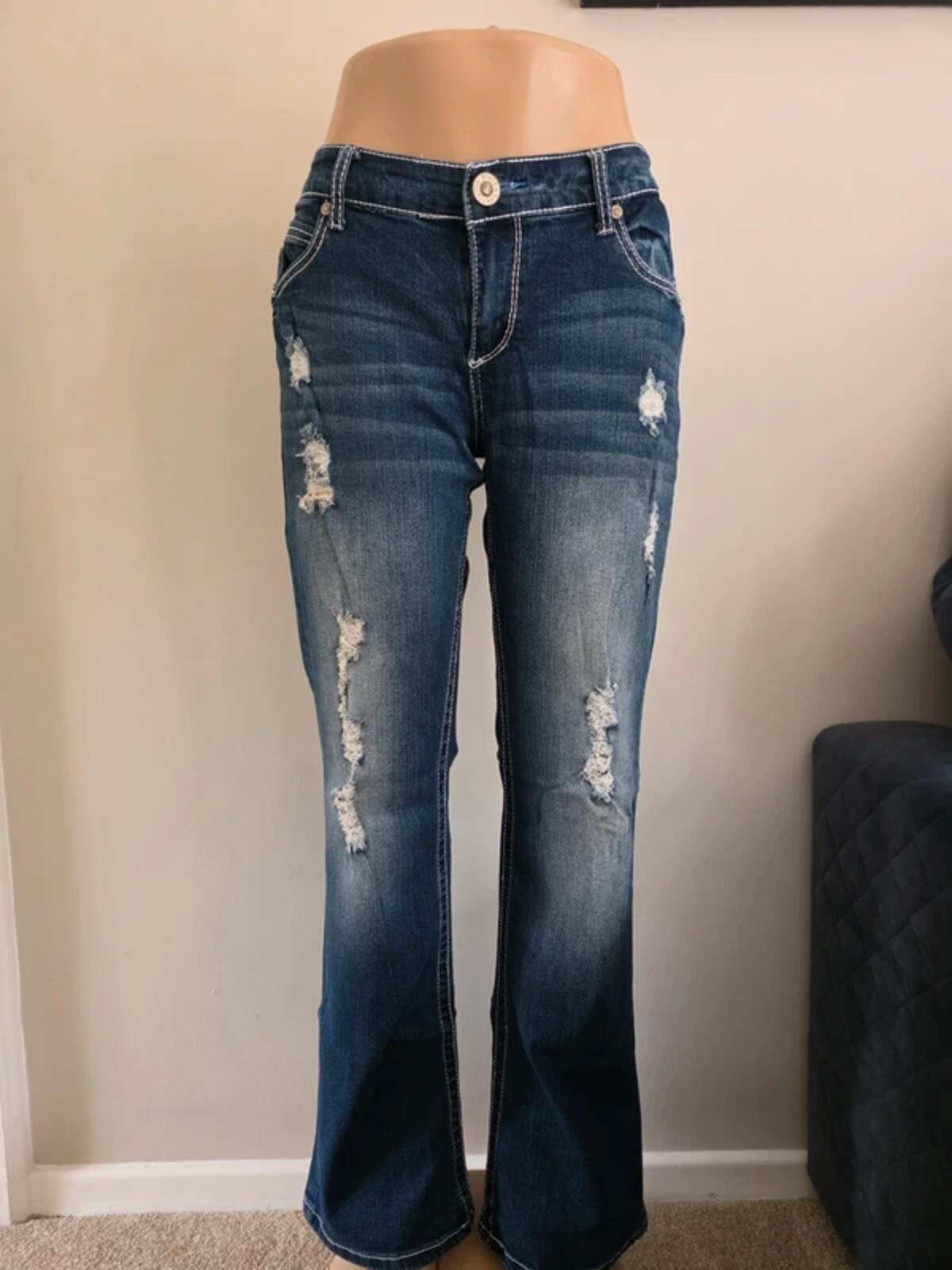 Vintage Y2K Twenty One Black Mid Rise Bootcut Distressed Jeans UK Size 14