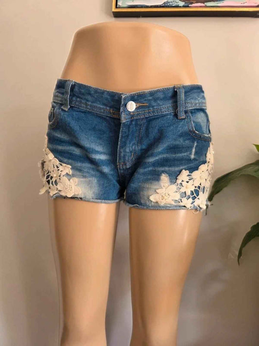 Vintage Y2K Low Rise Denim Lace Shorts UK Size 12/14