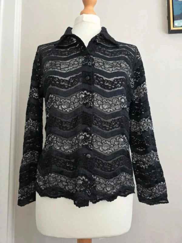 Vintage Y2K Sheer Sparkly Black Lace Blouse Les Tulipes UK Size 10/12