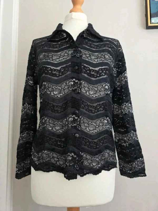 Vintage Y2K Sheer Sparkly Black Lace Blouse Les Tulipes UK Size 10/12