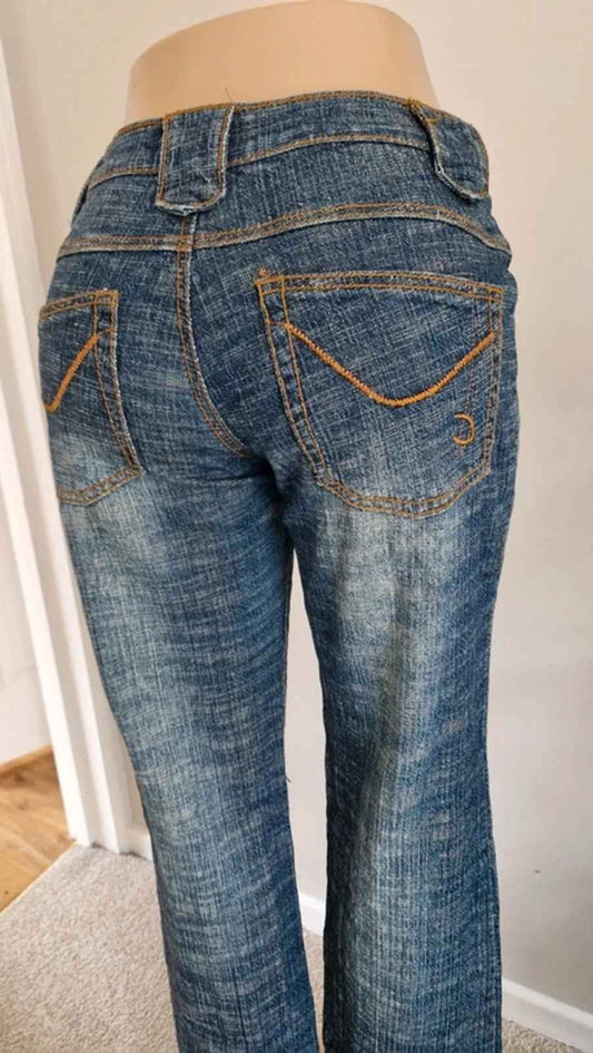 Y2K "Crest Jeans" Mid Rise Bootcut Faded Wash Grunge Denim Jeans UK 12