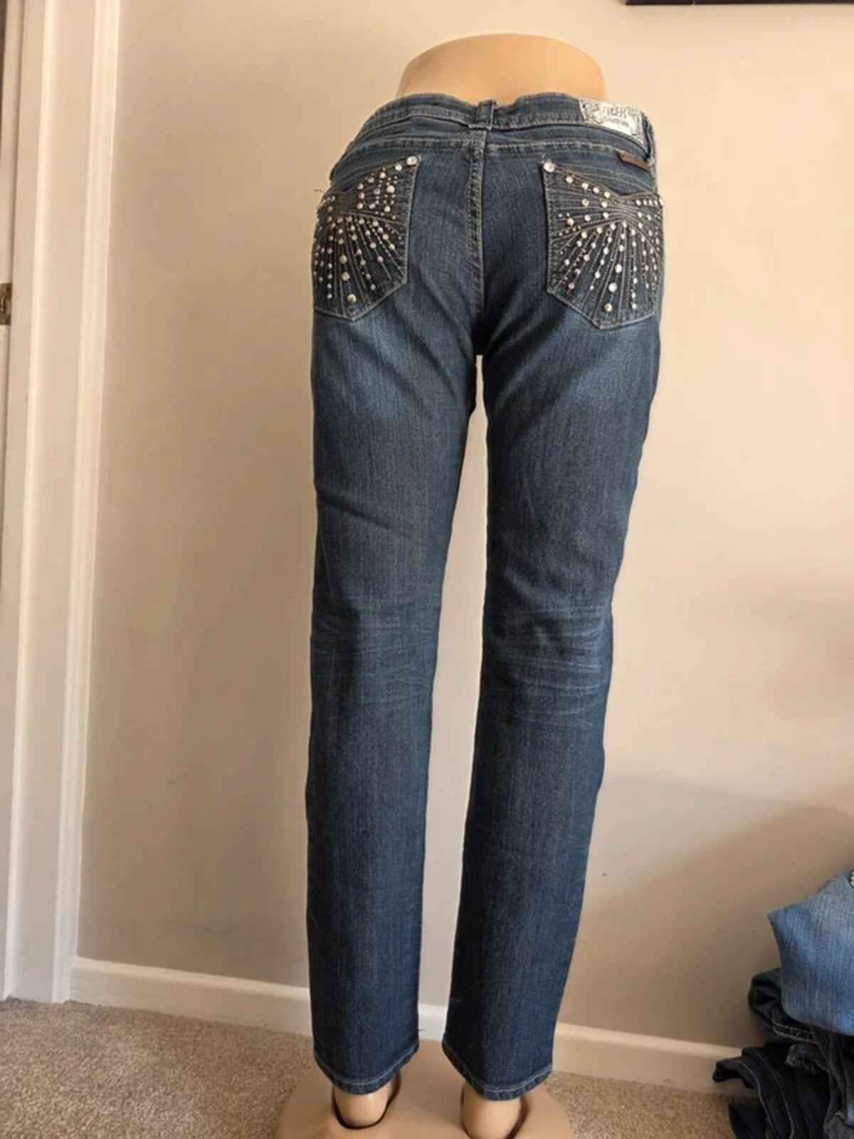 Vintage Y2K BB Couture Ultra Low Rise Skinny Bling Jeans UK Size 12