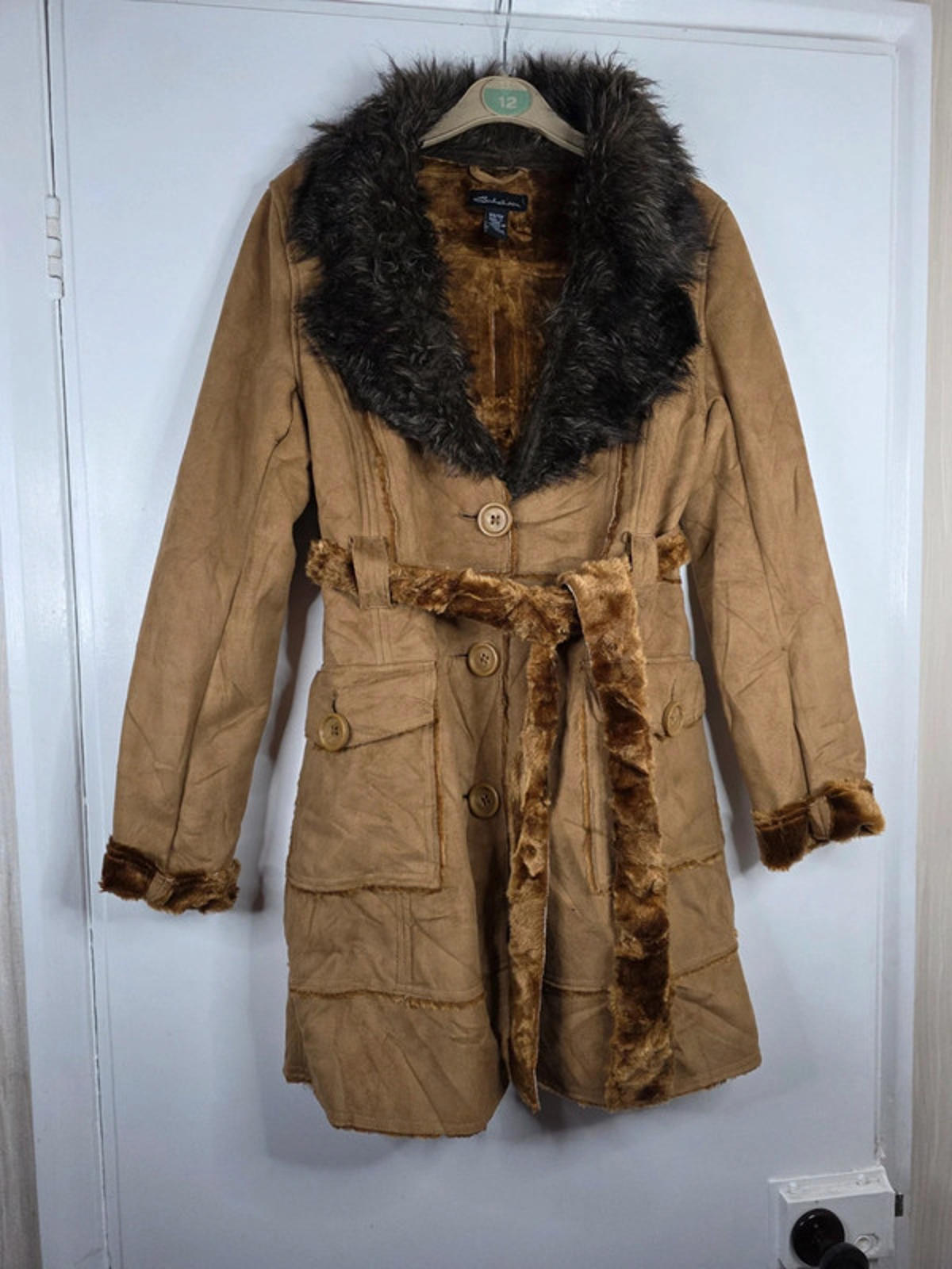 Vintage Y2K Seduction Faux Suede Belted Coat with Faux Fur Collar UK size 8