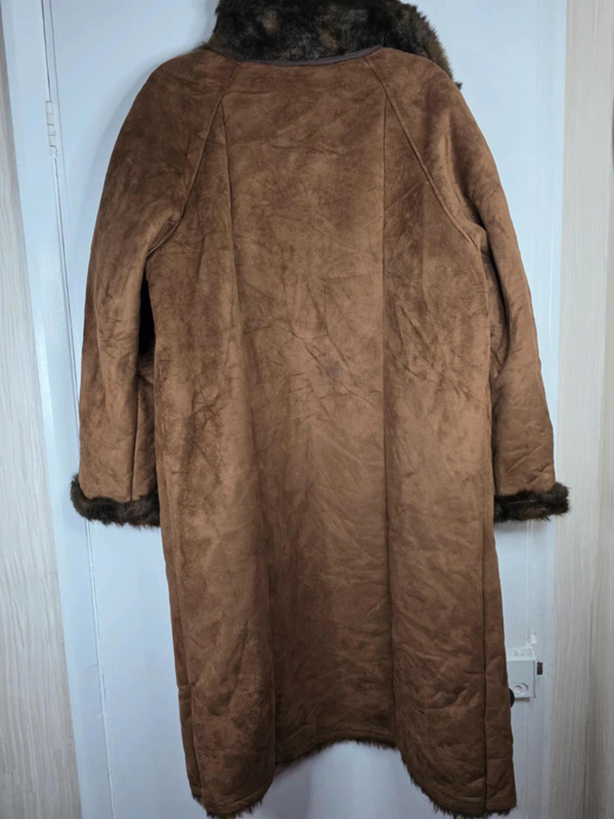 Vintage Y2K Faux Suede Longline Coat with Faux Fur Collar UK size 16/18