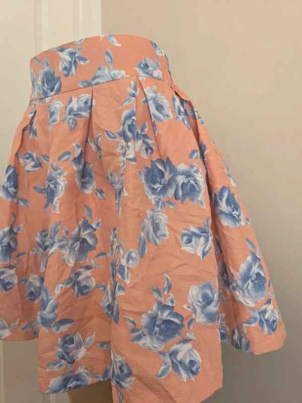 Japanese Floral Pleated Mini Skirt Pink Blue Roses UK Size 4/6
