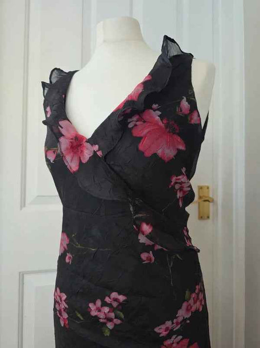 Zoey Beth Vintage 90s Black Pink Floral Asymmetrical Ruffle Dress UK Size 10
