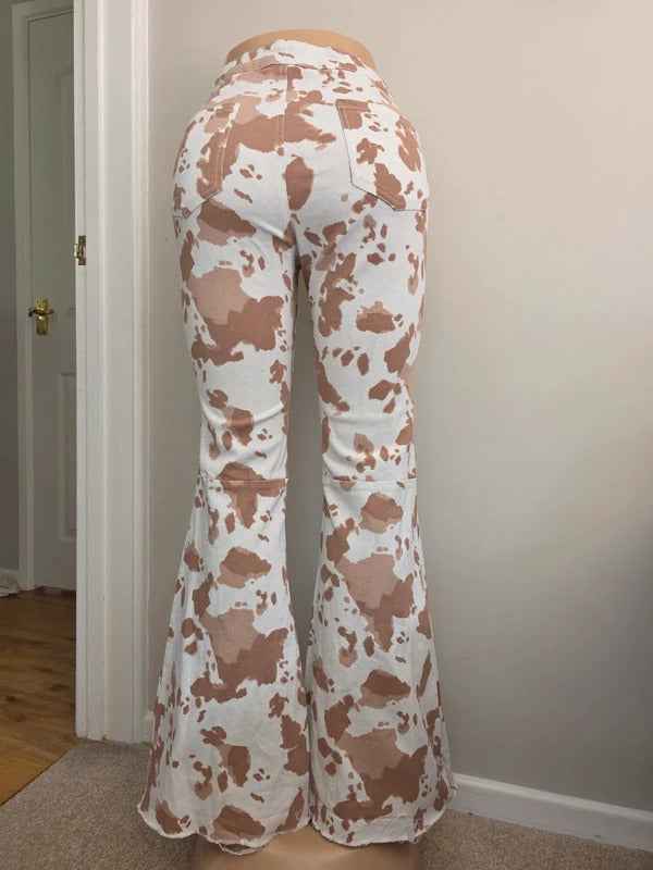 Peach Love High Rise Flared Cow Print Jeans UK Size 8