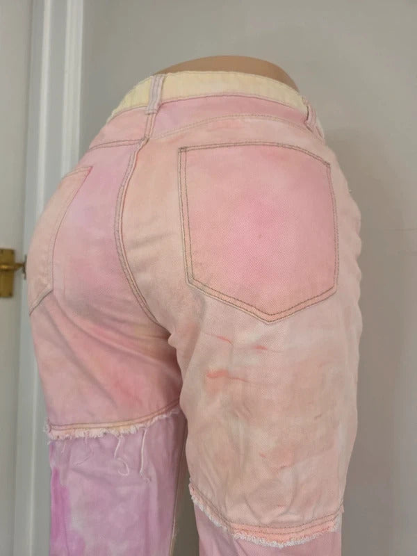 Bershka High Rise Patchwork Wide Leg Jeans UK Size 8 Petite