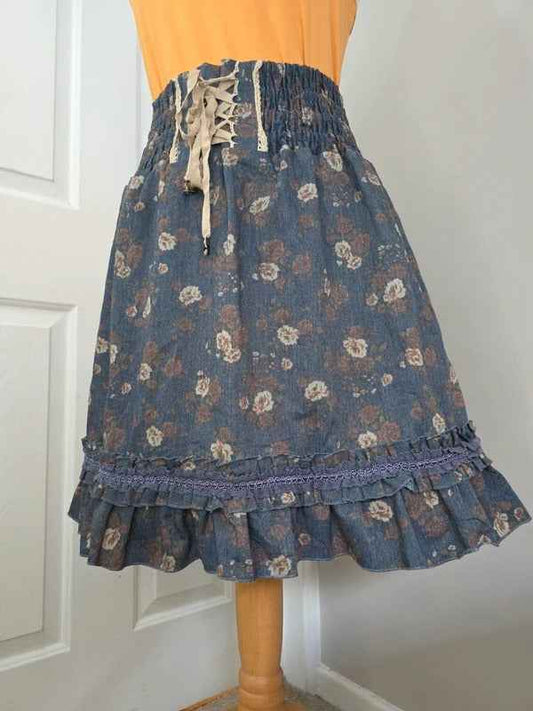 Japanese Vintage Y2K Floral Lace Up Ruffle Skirt UK Size 10/12