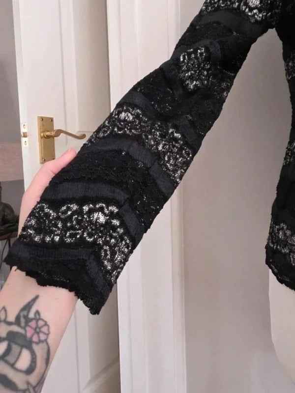 Vintage Y2K Sheer Sparkly Black Lace Blouse Les Tulipes UK Size 10/12