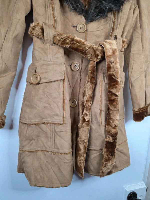 Vintage Y2K Seduction Faux Suede Belted Coat with Faux Fur Collar UK size 8