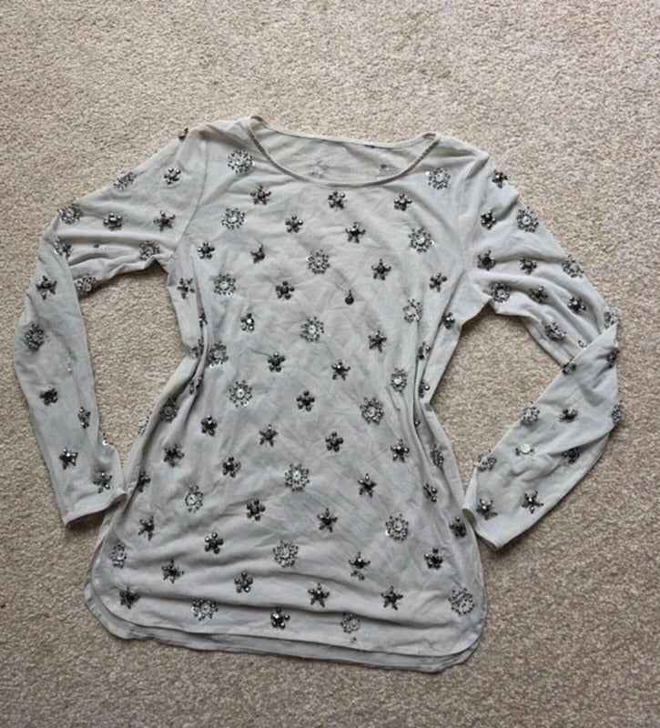 Vintage Y2K Sheer Embellished Mesh Top Long Sleeve UK Size 10
