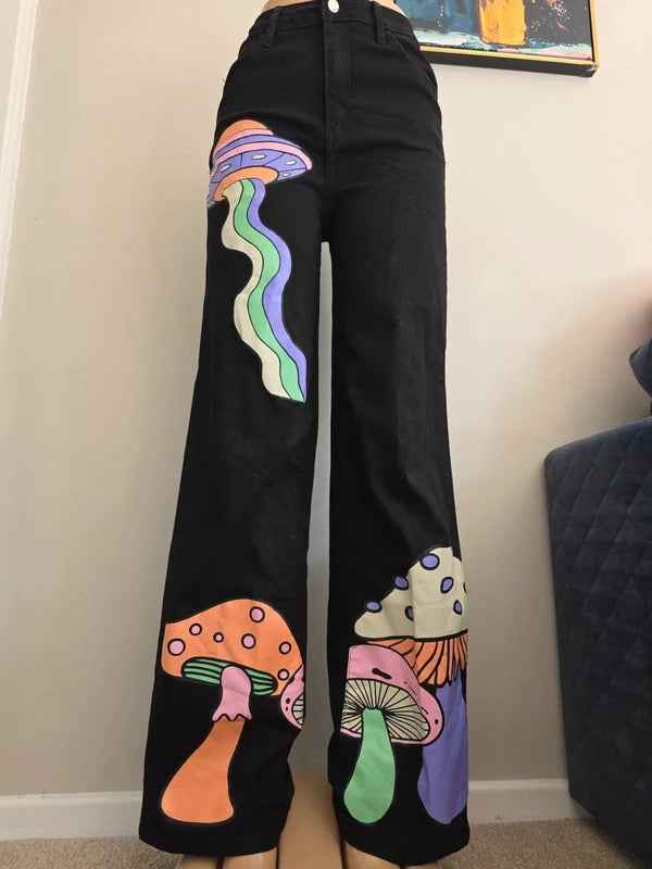 Machine Wide Leg Black Printed Jeans UK Size 8 Tall