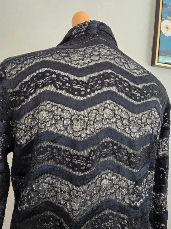 Vintage Y2K Sheer Sparkly Black Lace Blouse Les Tulipes UK Size 10/12
