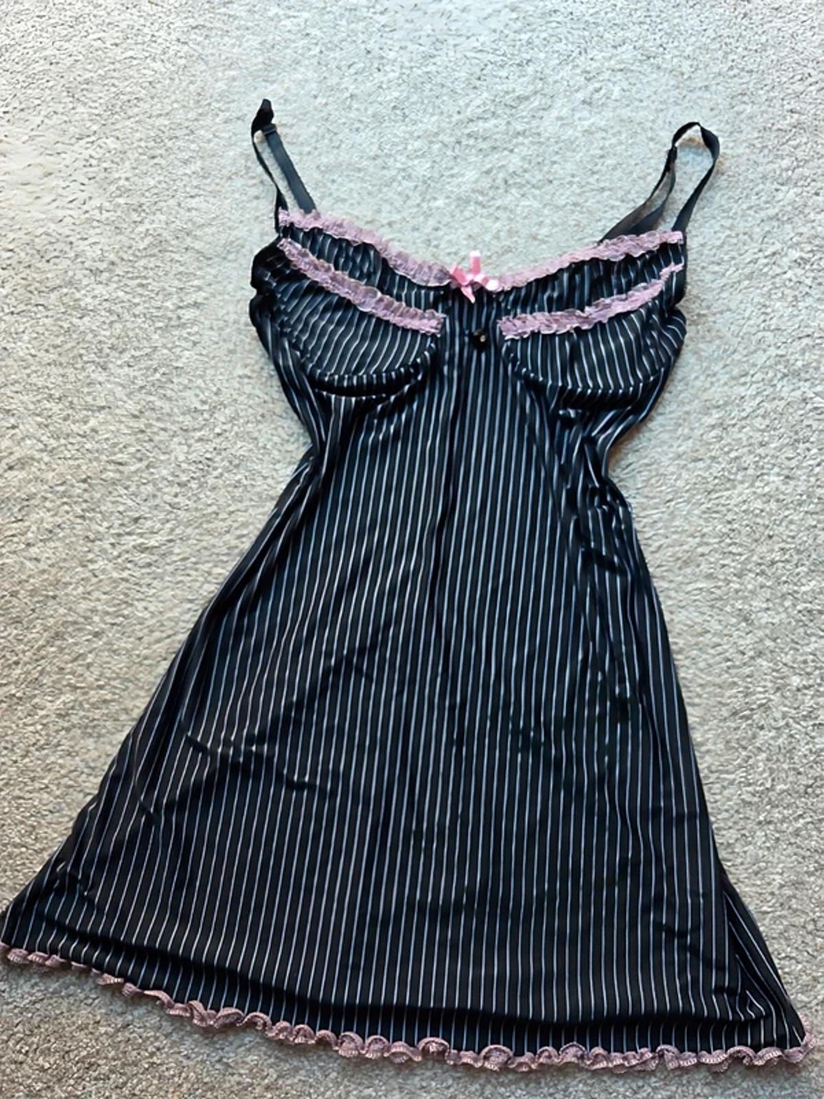 Vintage Y2K Dreamgirl Black Pinstripe Lace Babydoll Slip Dress UK Size 8–10