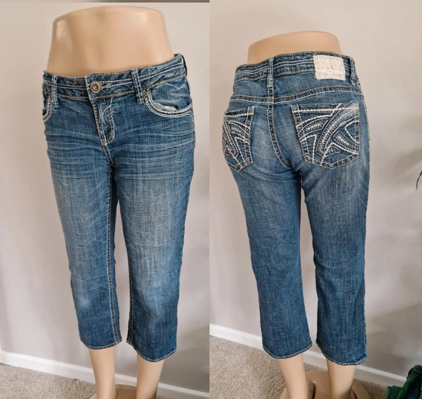 Y2K "Hydraulic" Low Rise Cropped Straight Cute Pocket Detail Indie Grunge Denim UK 12