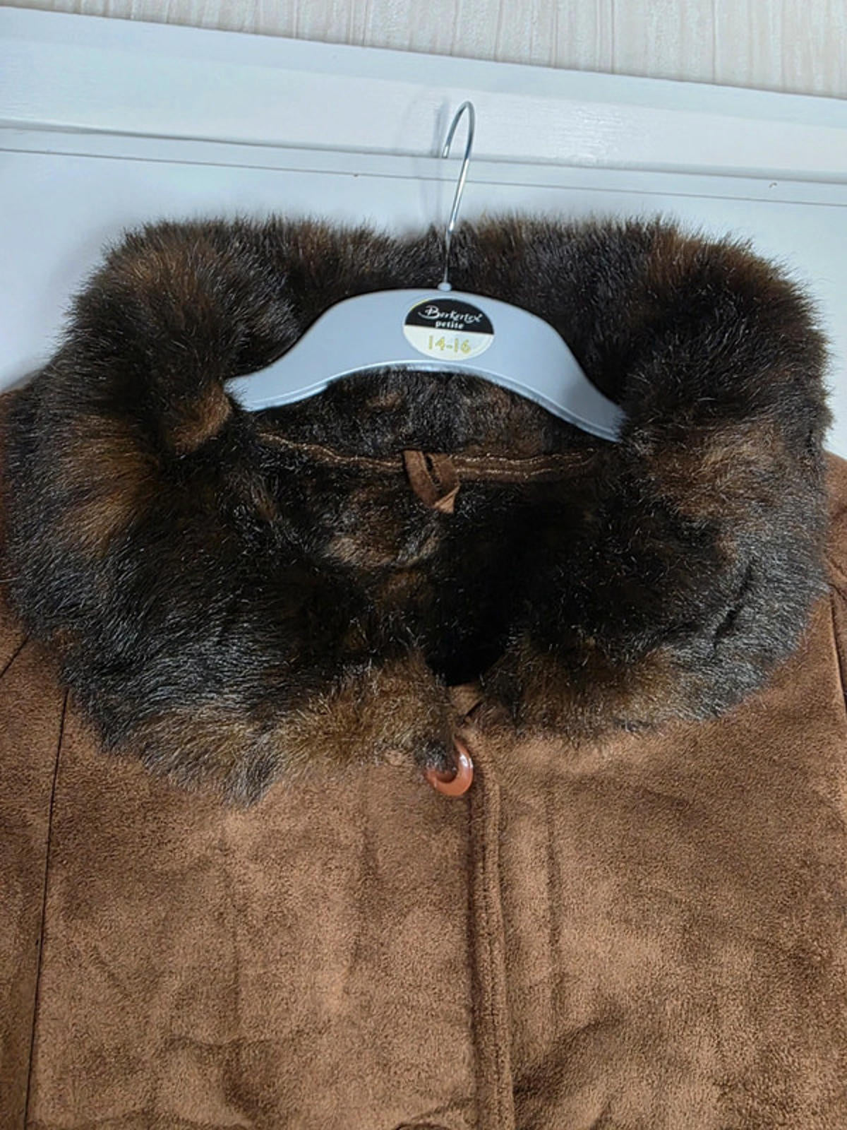 Vintage Y2K Faux Suede Longline Coat with Faux Fur Collar UK size 16/18