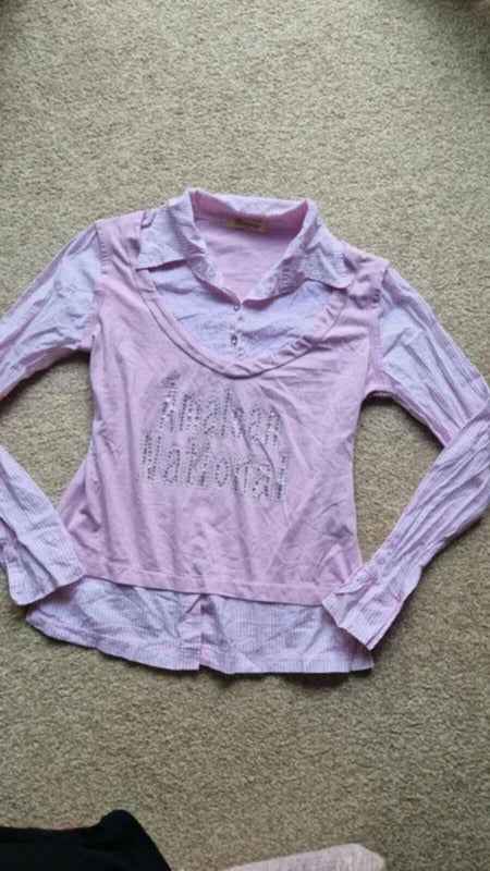 "Fantasy" Y2K Pink Layered Shirt Top Diamante Analcan National Graphic S M UK 8 10