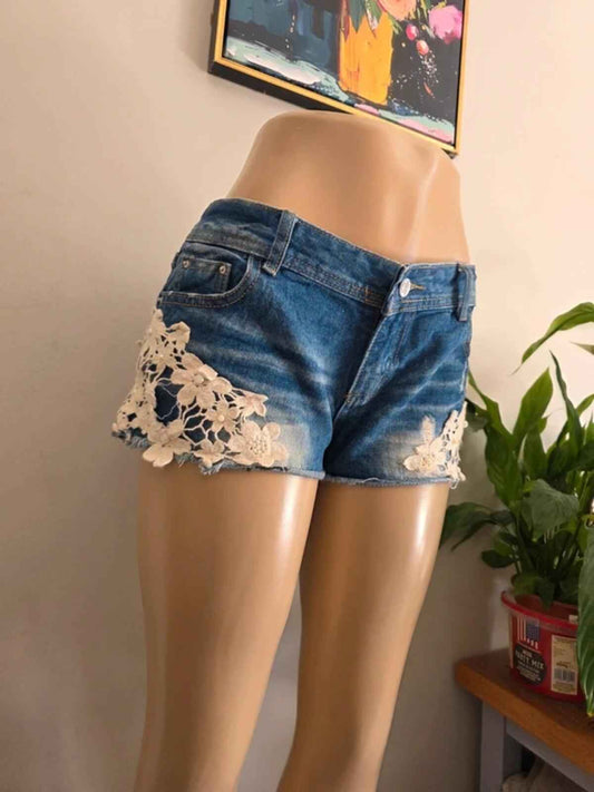 Vintage Y2K Low Rise Denim Lace Shorts UK Size 12/14